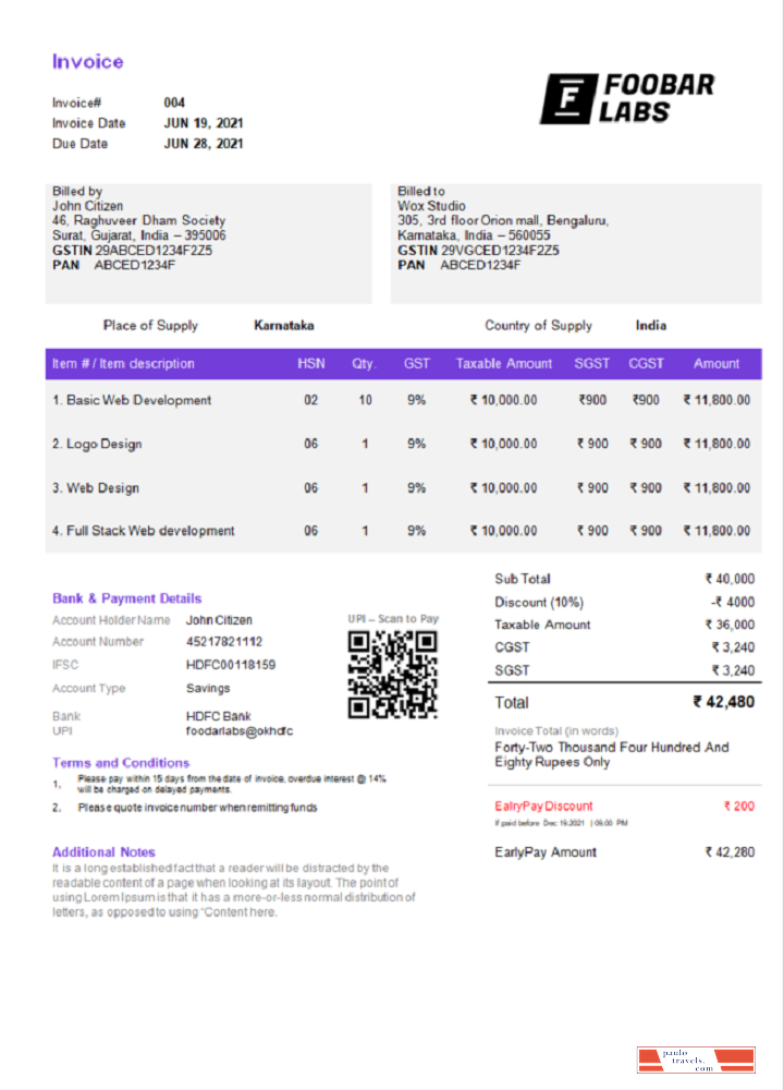 India Foobar Labs Information Technology Company invoice template in Word and PDF format, fully editable, version 2